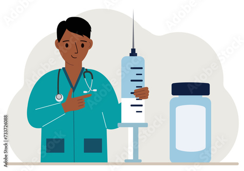 Male doctor with a large syringe and ampoule.