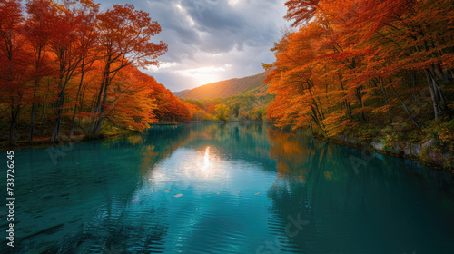 Sunrise glow on lakeside trees in fall splendor with crystal clear waters