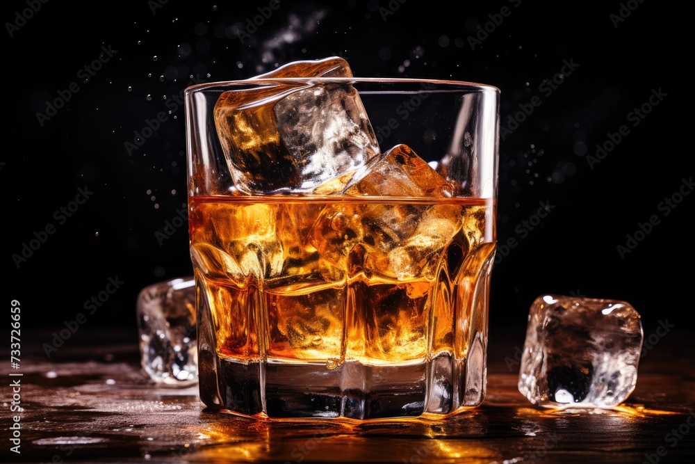 Whiskey on the Rocks: Pouring whiskey over ice cubes in slow motion. Whiskey on the Rocks: Pouring whiskey over ice cubes in slow motion.