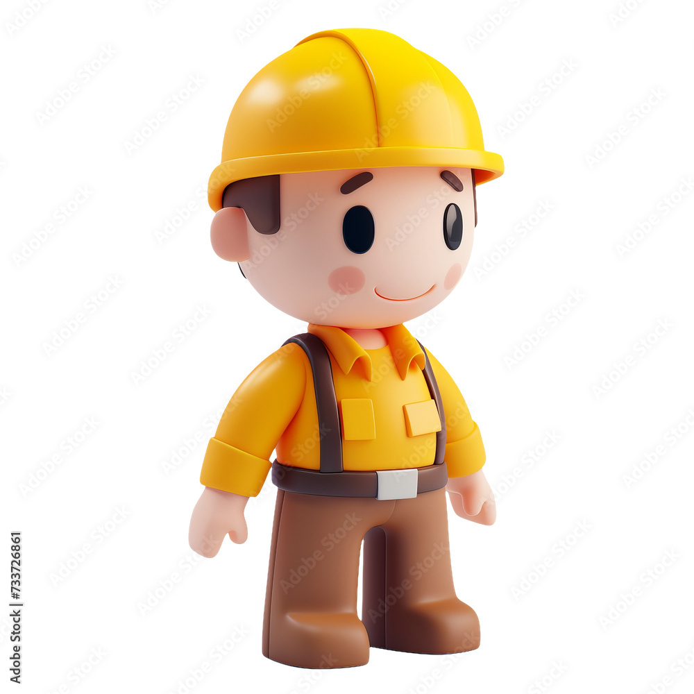 Smiling Construction Worker 3D Character, Young Builder with Helmet on White Background Smiling Construction Worker 3D Character, Young Builder with Helmet on White Background