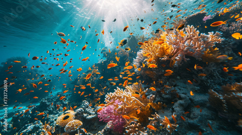 Sunbeams penetrate the ocean surface, illuminating a bustling underwater world of coral reefs teeming with colorful fish. © DJSPIDA FOTO