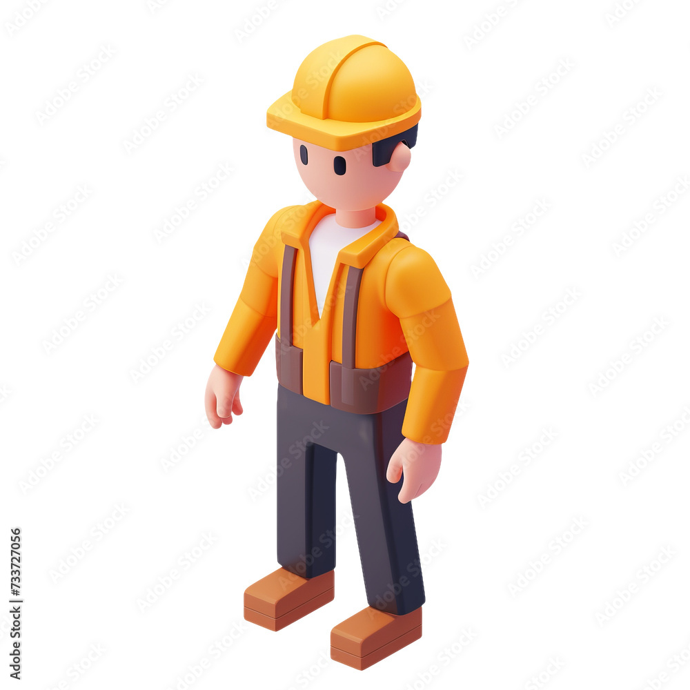 3D Illustration of a Construction Worker Character on White Background