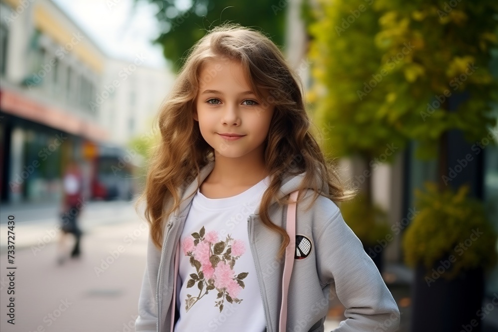 Portrait of a beautiful little girl in the city. Outdoor. Portrait of a beautiful little girl in the city. Outdoor.