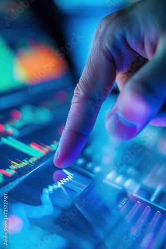 Close-Up Hand Pointing Finger on Blue Color Monitor to Analyze Stock Market Graph