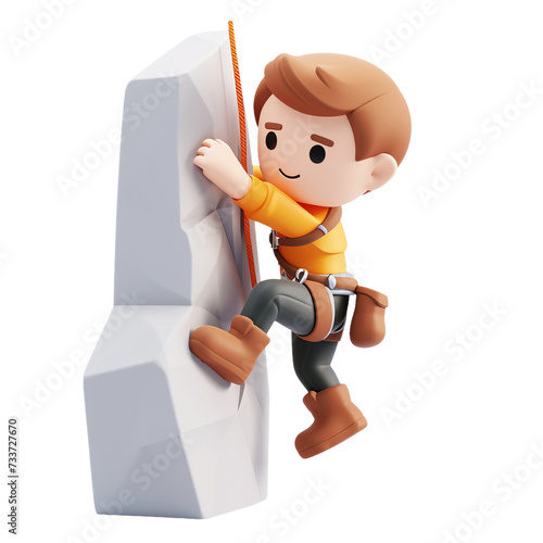 Adventurous Young Boy Cartoon Character Climbing a Rock Wall on a White Background