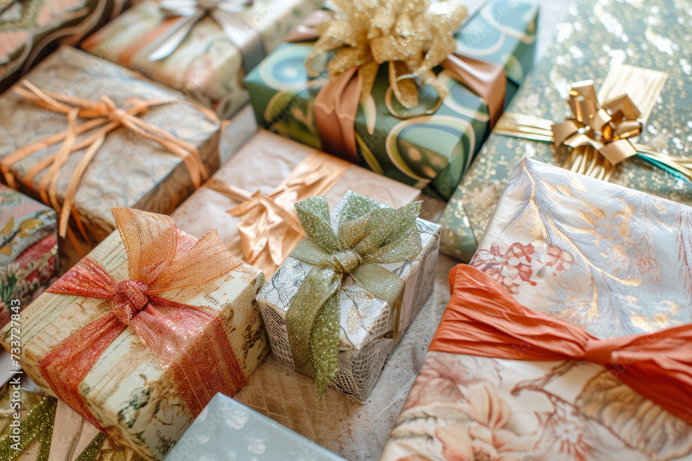 Top view of a varied selection of whimsical wrapping papers and decorative ribbons and boxes illustrating the process of choosing the perfect combinat Top view of a varied selection of whimsical wrapping papers and decorative ribbons and boxes illustrating the process of choosing the perfect combinat