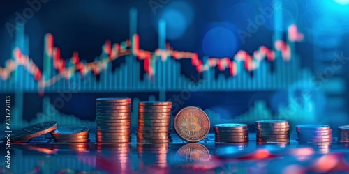 Abstract Representation of Stock Market Trends, Coin Rows, and Currency Exchange Symbolizing Business Investment on a Blue Background photo