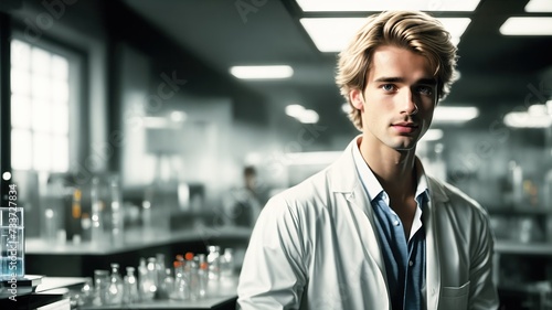 Young handsome scientist in a science laboratory. Cute scientist in a white coat against the background of scientific equipment. Researcher in the laboratory. Scientist chemist and physicist. photo