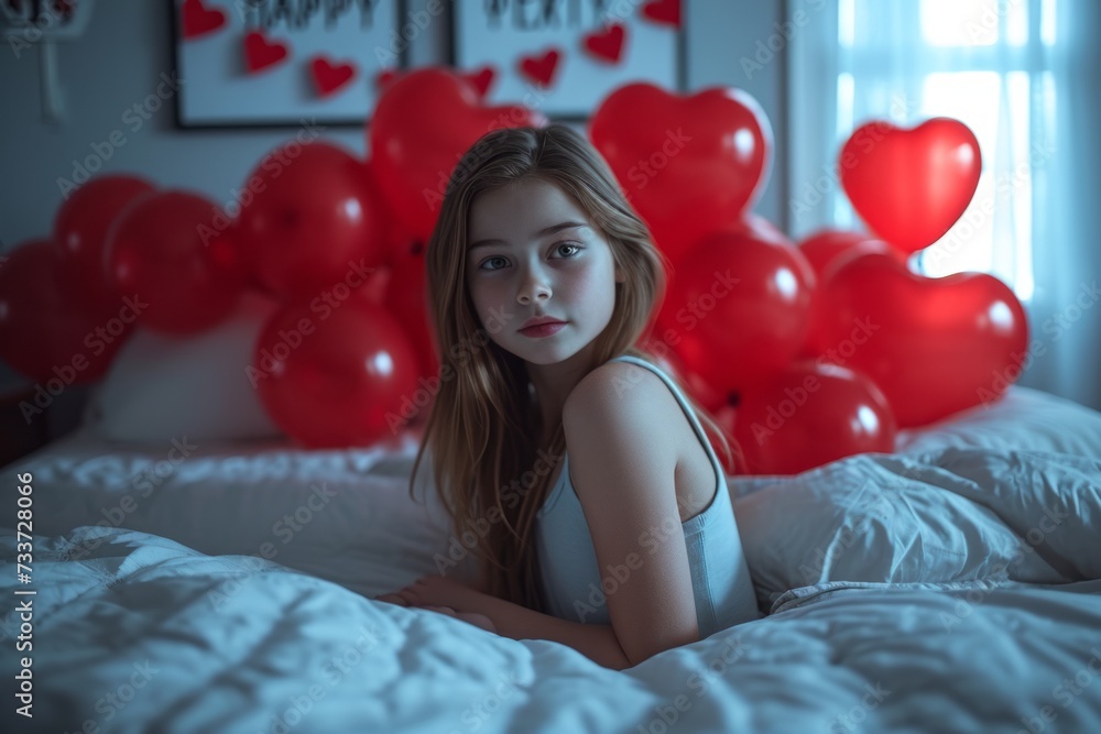 Young Woman in Bed with Red Heart Balloons Creating a Romantic Atmosphere Young Woman in Bed with Red Heart Balloons Creating a Romantic Atmosphere