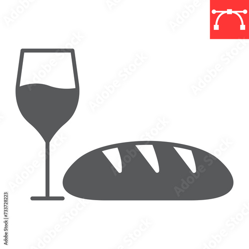 Wine and bread glyph icon, Easter and food, communion vector icon, vector graphics, editable stroke solid sign, eps 10.