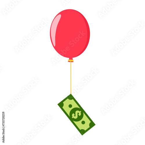 Vector icon of dollar banknote with flying balloon isolated on white background. The cash carried was flown using gas balloons. Design concept of payment, receipt, funding and investment assistance.