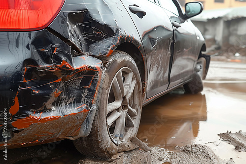 car get damaged by accident on the road car accident, damage, collision, body corrosion, old cars, rotten, cracked paint, peeling coating, broken vehicle parts, environmental damage, dangerous driving