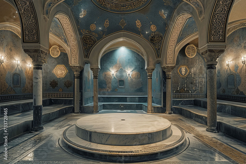A traditional Turkish hammam, focusing on the central marble heated platform surrounded by intricate mosaics and ornate arches.