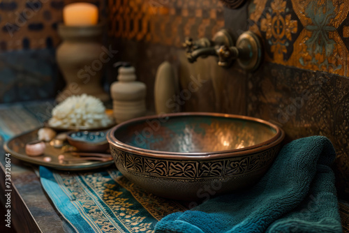 The elegance of a Turkish hammam by showcasing traditional bath accessories such as copper bowls, scrubbing mitts, and ornate soap dishes. photo