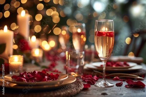 Romantic Celebrations: Champagne Toast Amidst Candlelight and Rose Petals