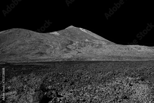 Black Cosmic Lunar Horizon Landscape with stone, sand, mountain photo