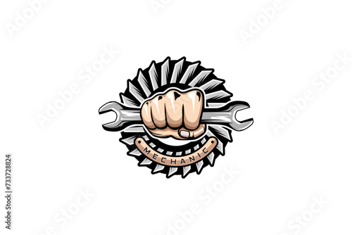 vector of hand holding a wrench for mechanic logo design, machine repair service photo