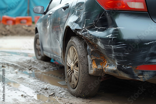 car get damaged by accident on the road car accident, damage, collision, body corrosion, old cars, rotten, cracked paint, peeling coating, broken vehicle parts, environmental damage, dangerous driving