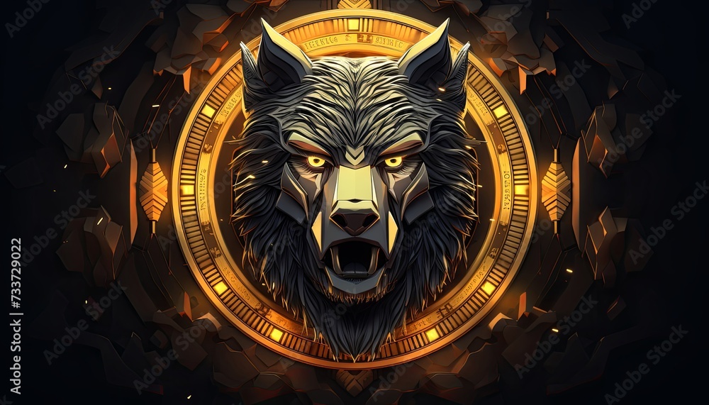 A wolfs head is encircled by a golden ring, creating a striking logo design , generated by AI