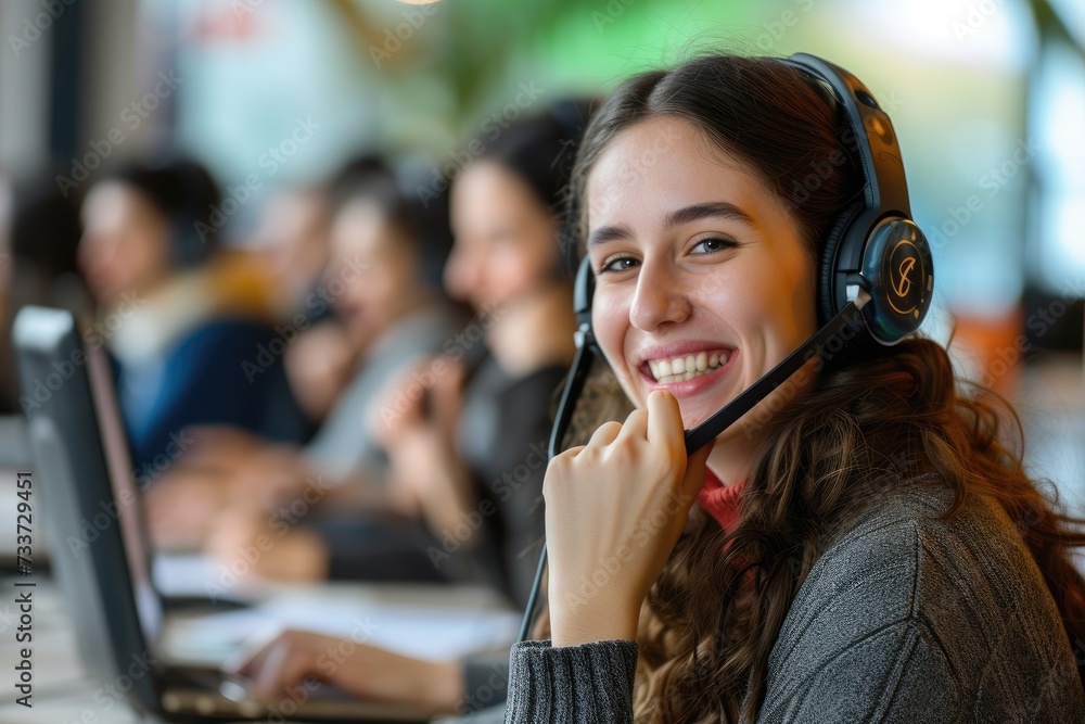 Many call center employees chat with customers with friendly smiles. Many call center employees chat with customers with friendly smiles.
