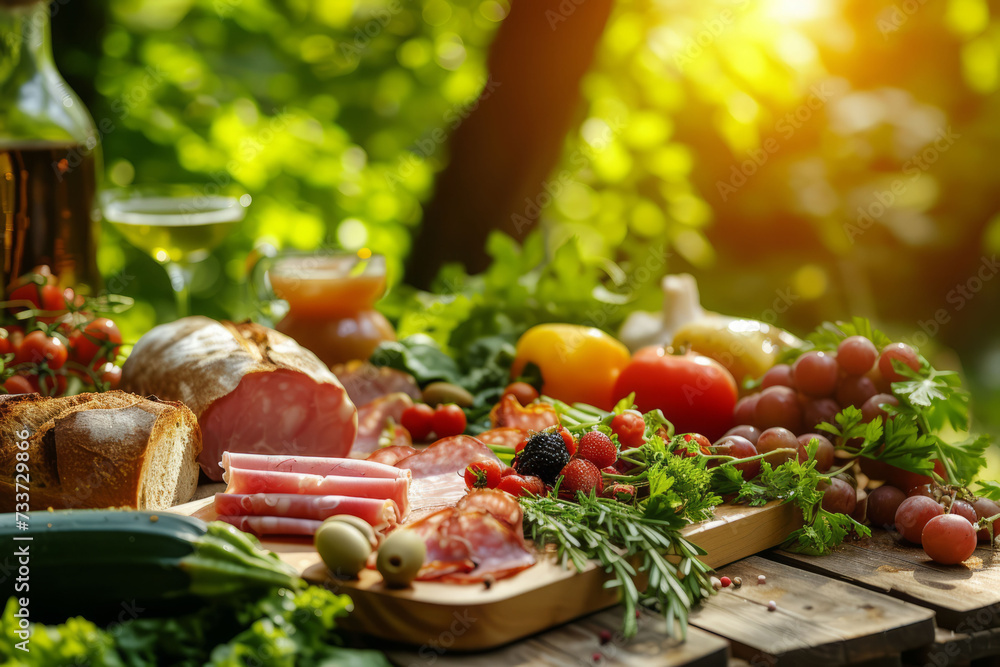 A wooden picnic table adorned with a selection of tasty ham, fresh vegetables, and artisan bread, complemented by natural sunlight filtering through t