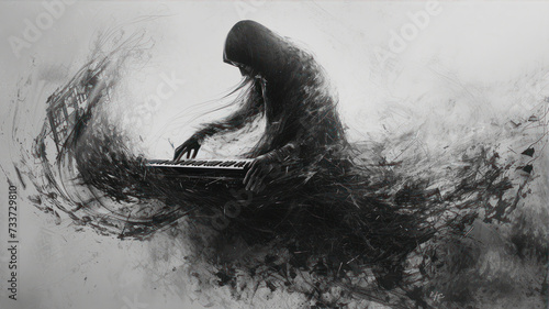 Digital Illustration of a Teenage Boy Playing the Keyboard in the Fog © Ula