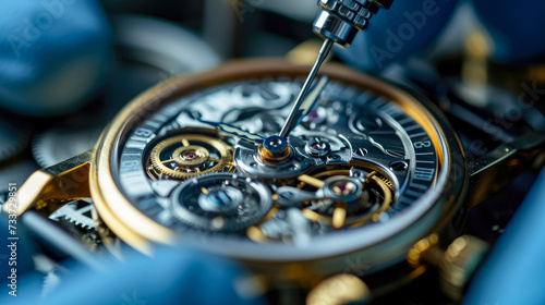 close-up shot of watch being repaired by gloved hands photo