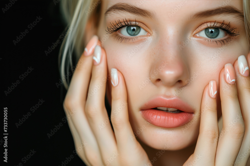 Beautiful young woman face close up. Perfect skin. Nails manicure Beautiful young woman face close up. Perfect skin. Nails manicure