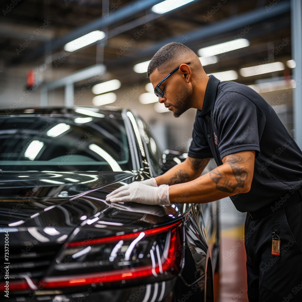 Illustrate a technician applying a paint sealant to a luxury sedan, focusing on the hands-on process and the protective layer being added for a long-lasting, showroom-quality finish