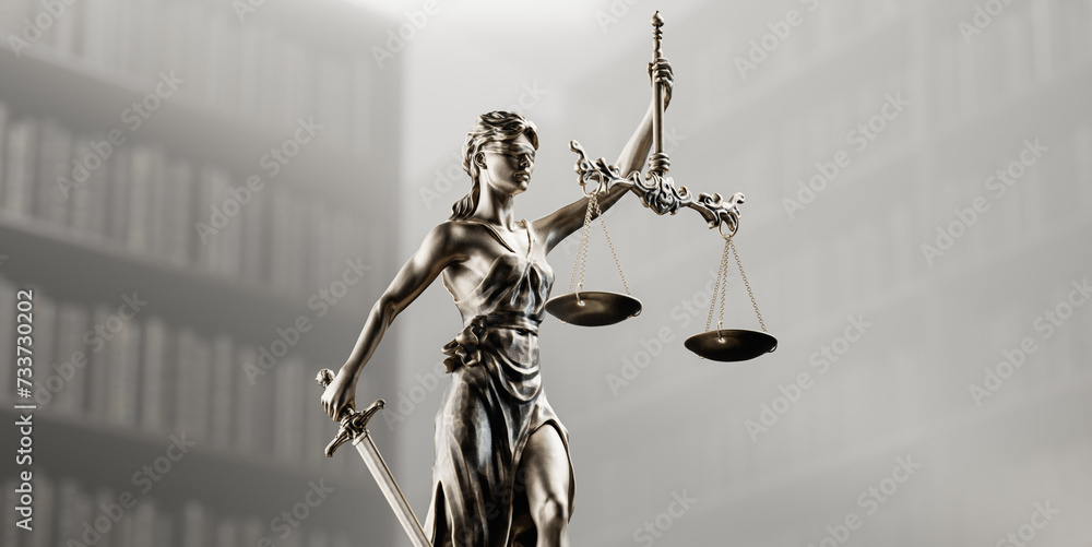 Legal Concept: Themis is the goddess of justice as a symbol of law and order on the background of books Legal Concept: Themis is the goddess of justice as a symbol of law and order on the background of books