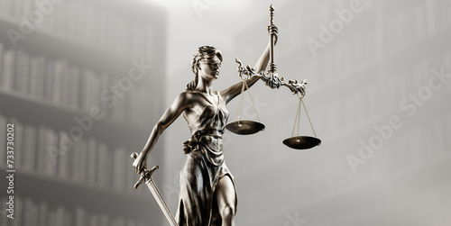 Legal Concept: Themis is the goddess of justice as a symbol of law and order on the background of books