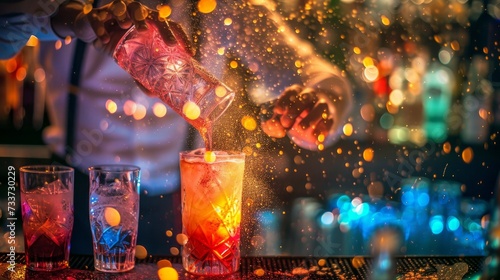 Bartender at nightclub preparing delicious fizzy cocktail, summertime and party photo