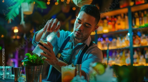 Bartender at nightclub preparing delicious fizzy cocktail, summertime and party photo