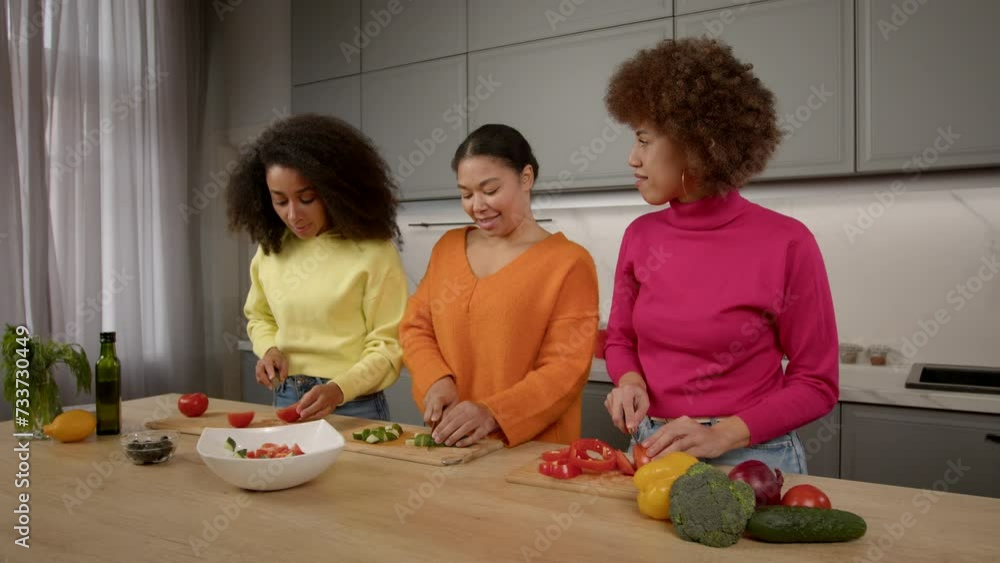 Cheerful beautiful African American women in casual clothes friendly chatting and sharing , slicing fresh vegetables on chopping board, preparing tasty healthy salad in domestic kitchen, Cheerful beautiful African American women in casual clothes friendly chatting and sharing , slicing fresh vegetables on chopping board, preparing tasty healthy salad in domestic kitchen,