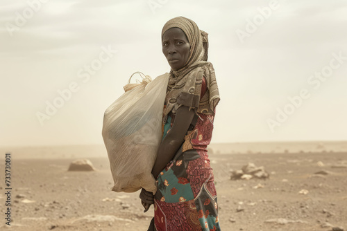 A weary refugee woman with a tired expression stands at the border, clutching a small bag of belongings, surrounded by dusty, barren terrain.