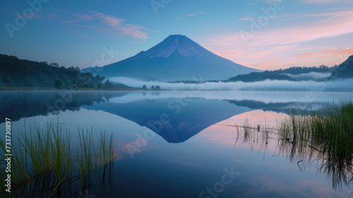Peaceful dawn with reflective lake at the foot of a volcanic mountain © boxstock production