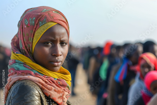 A refugee patiently waits in a long line for aid and assistance alongside a diverse group of individuals in similar circumstances. Selective focus.