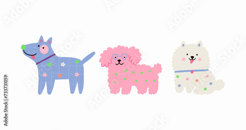 Multicolor cute dogs of different breeds, vector illustration in flat style. Spring pet on a walk with floral pattern