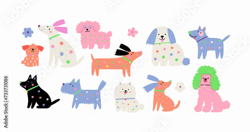 Multicolor cute dogs of different breeds, vector illustration in flat style. Spring pet on a walk with floral pattern