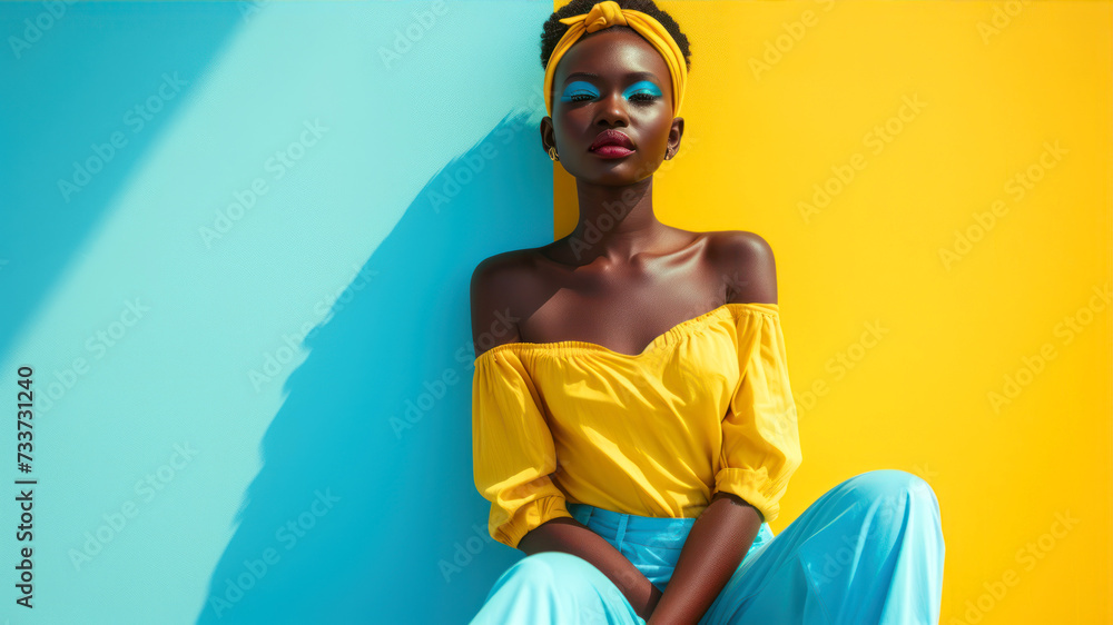 stylish african american girl in yellow and blue outfit on colorful background