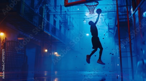 Basketball player doing slam dunk in the street court at night © Elvin