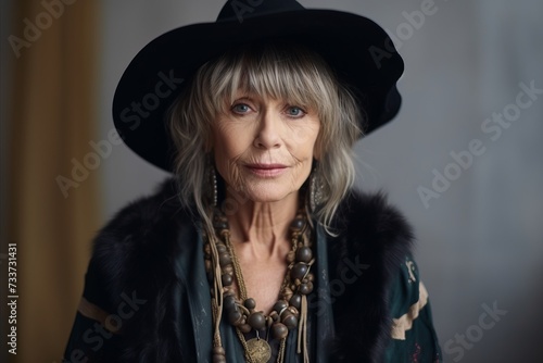 Portrait of a beautiful senior woman in a hat and coat. © Iigo