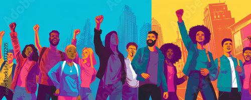A diverse group of individuals raising their fists in a powerful show of unity against the backdrop of an evolving metropolis, capturing the energy an