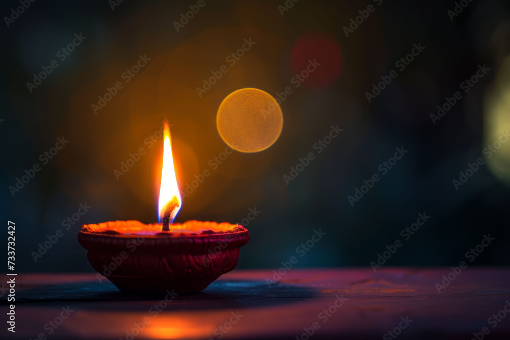 A diya lamp glowing against a dark. Blurred background. A diya lamp glowing against a dark. Blurred background.