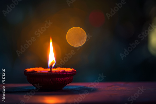 A diya lamp glowing against a dark. Blurred background.