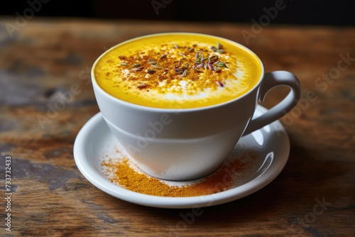 Turmeric Latte Froth: Frothy turmeric latte with a sprinkle of spice. photo