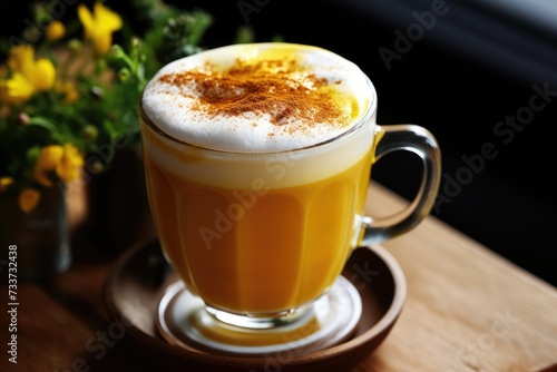 Turmeric Latte Froth: Frothy turmeric latte with a sprinkle of spice. photo