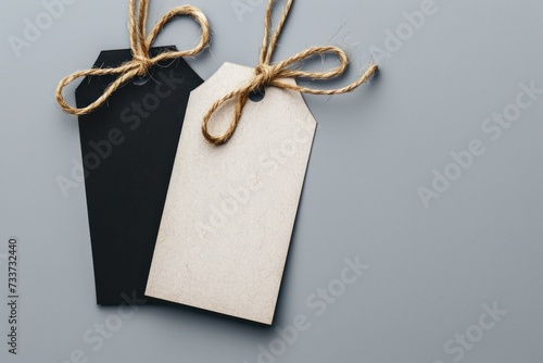 Tags with space for text on light grey background, top view
