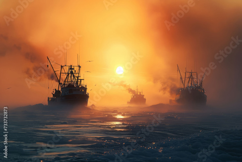 Fishing vessels against the northern ocean horizon, conveying scale and isolation.