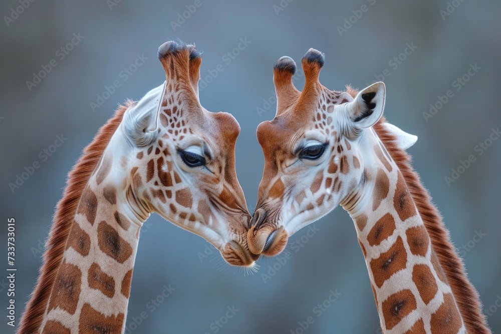Fototapeta premium Two giraffes gently touching each other's faces on a gray background. Concepts: love, Valentine's Day, care, warmth